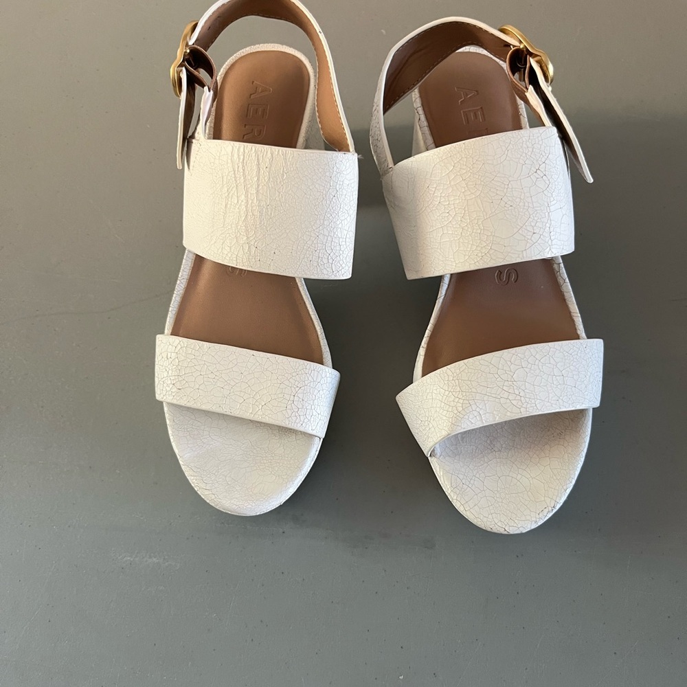 AEROSOLES White Two-Strap Slingback Sandals with Gold Buckle